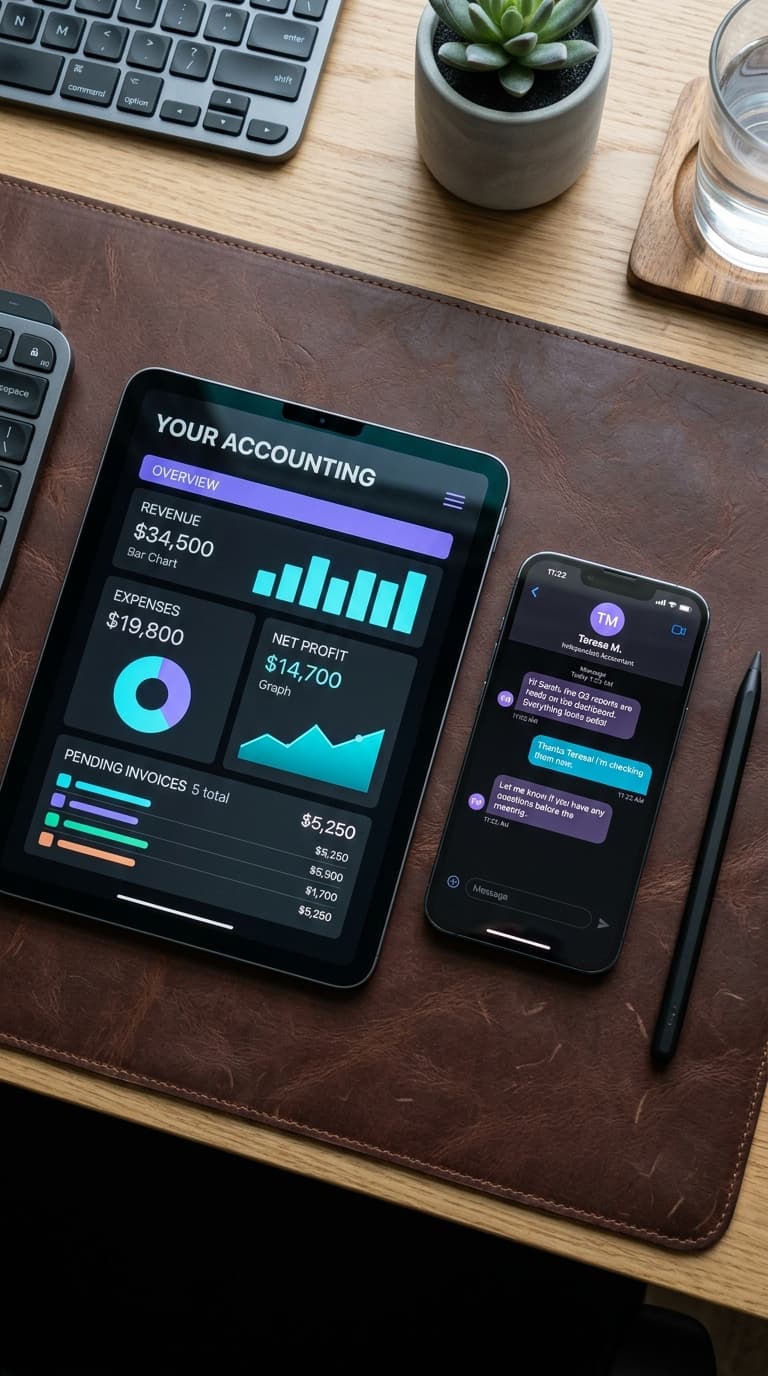 Tablet y smartphone sobre el escritorio mostrando el resumen financiero de la empresa